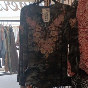 Savanna Jane Floral Embroidered Camo Top